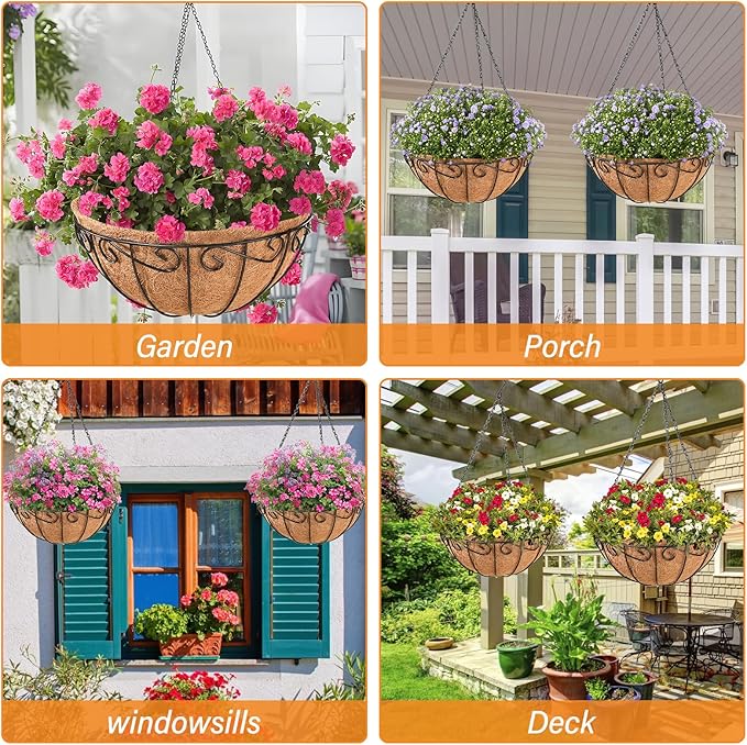 Legigo 2 Pack 10 Inch Metal Hanging Baskets for Plants Outdoor- Round Wire Hanging Planters Basket with Coconut Coir Liner, Hanging Flower Pot for Outdoor Plants Flowers Garden Decorations
