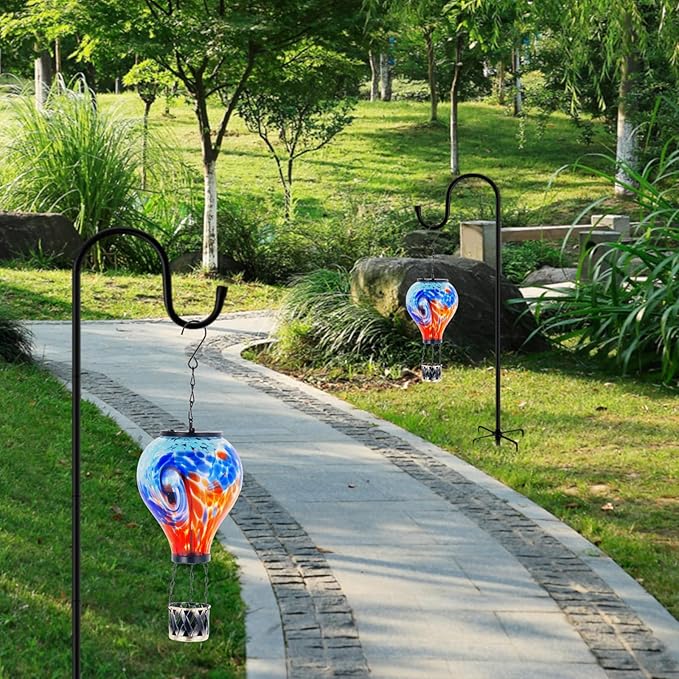 Starsoul Unique Hot Air Balloon Solar Lantern Glass Outdoor Hot Air Balloon Solar Flickering Flame Light Waterproof Hanging Lantern with Big Basket for Garden Yard Patio Decor