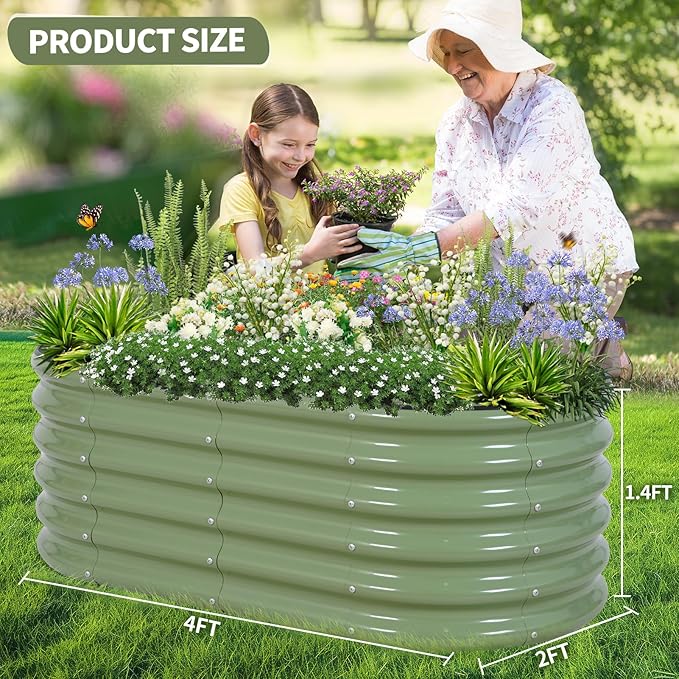 Permade Galvanized Raised Garden Bed - 4x2x1.4FT Metal Planter Boxes Outdoor | Oval Steel Raised Bed Kit for Gardening with Protective Tape, Gloves for Vegetables, Flower, Herb (Green)