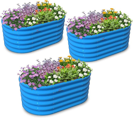 A ANLEOLIFE Kids Mini Raised Garden Beds Outdoor (3-Pack)-40x24x18in Oval Round Galvanized Metal Planter Box for Planting Vegetables, Flowers, Fruits, Eco-Safe & Easy Setup, Sky Blue