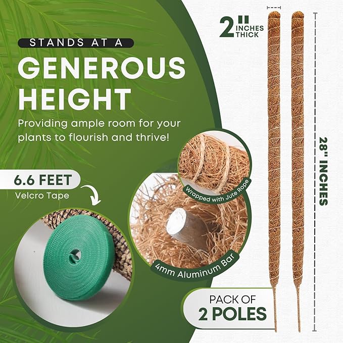 Auraville 28 Inch 2 Pack Bendable Moss Pole Monstera Plant Support | Plant Stakes for Indoor Plants | Coconut Fiber Moss Poles for Climbing Plant| Handmade Coco Coir Plant Sticks for Potted Plants