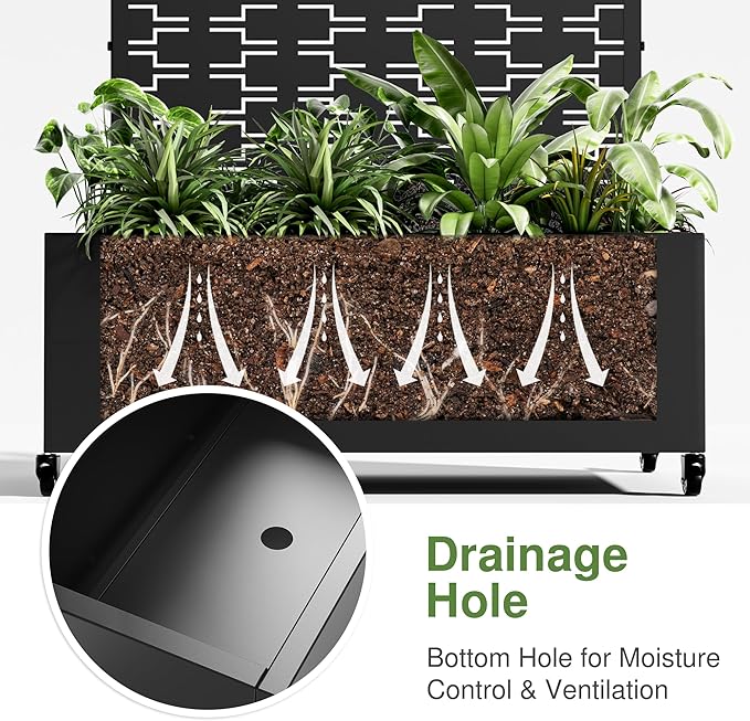 Casaphoria Metal Raised Garden Bed with Trellis and Wheels, 72"x47"x16" Arched Planter Box for Climbing Plants, Vegetables & Vines, Features Drainage Holes and Privacy Screen (Black-Square)