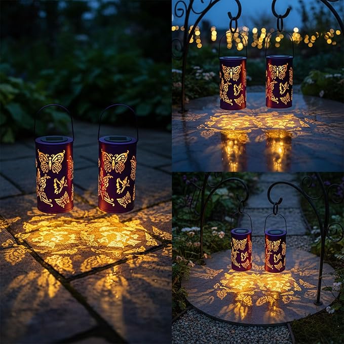 12.8" Large Size 2-Pack Outdoor Solar Lanterns Waterproof Metal Butterfly Patterns Garden Decor Gifts for Women Mom Grandma Hanging Solar Lanterns for Outside Yard, Patio, Backyard, Porch