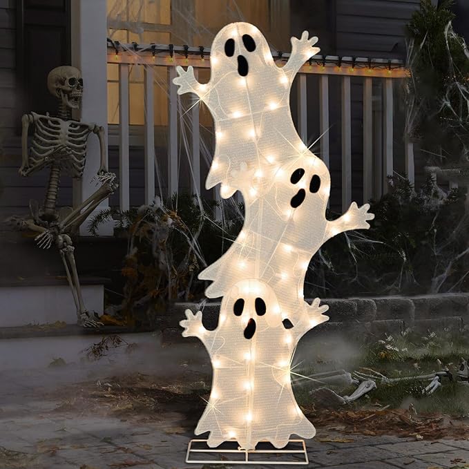 Halloween Lighted 3 Stacked Ghosts, 42’’ H Pre-Lit Lighted Ghosts with 50 Warm White Lights, Light Up Halloween Ghost Decoration for Indoor, Outdoor, Porch, Yard, Holiday Decor