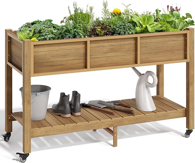 YITAHOME Raised Garden Bed, 47x18x31 Inch HIPS Poly-Wood Weather-Resistant Elevated Planter Box with Legs for Vegetable Flower, Brown