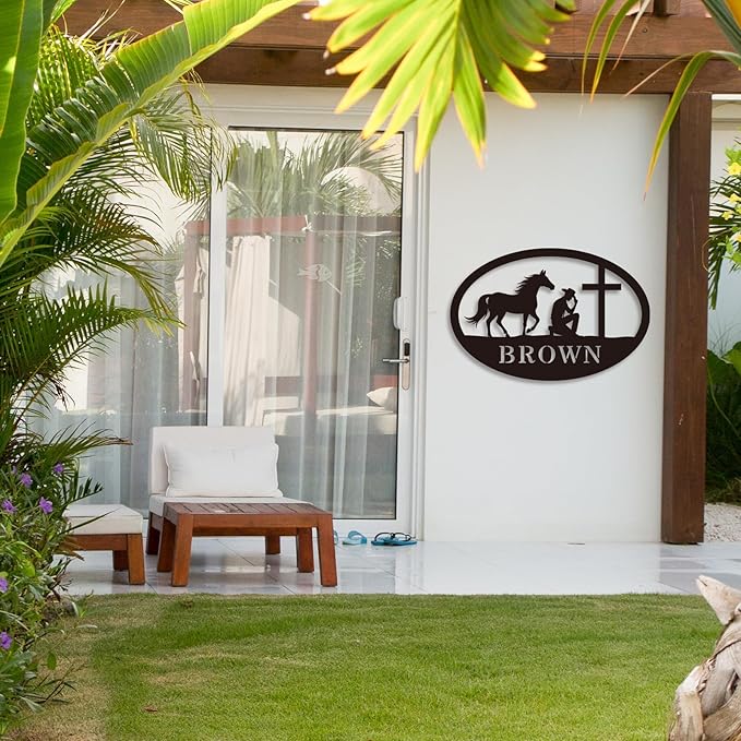 Personalized Metal Sign Custom Praying Cowboy or Cowgirl With Horse Kneeling at Cross Name Western Wall Art Faith Decor Gift