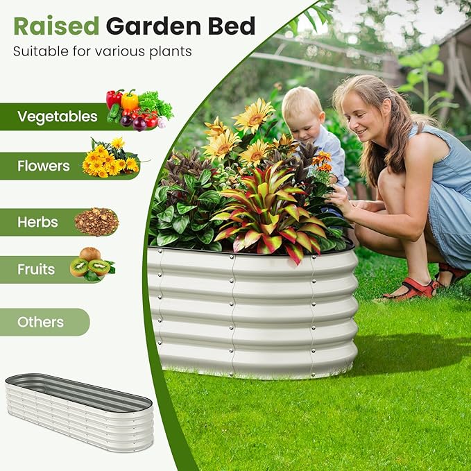 Galvanized Raised Garden Bed, 8x2x1.5 FT Oval Metal Planter Box for Outdoor, 18” Raised Beds for Gardening Vegetables Flower Herb(Pearl White)