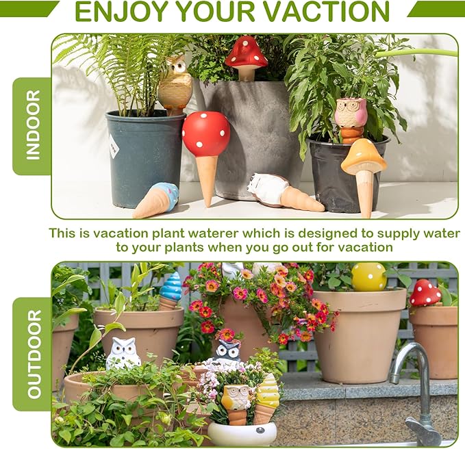 FirstGift 4 Pack Plant Self-Watering Stakes Terracotta Automatic Plant Waterer Devices Watering Globes Self-Watering Clay Planters Devices Perfect for Vacation Garden Plant Care (Mushroom)