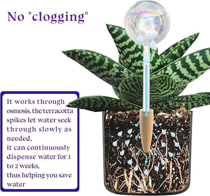 Non-Clogging Iridescent 2 Pack Ball Plant Watering Globes with Terracotta Spikes, Hand Blown Glass Self Watering Planter Insert Plant Watering Devices Bulbs for Indoor and Outdoor Plants