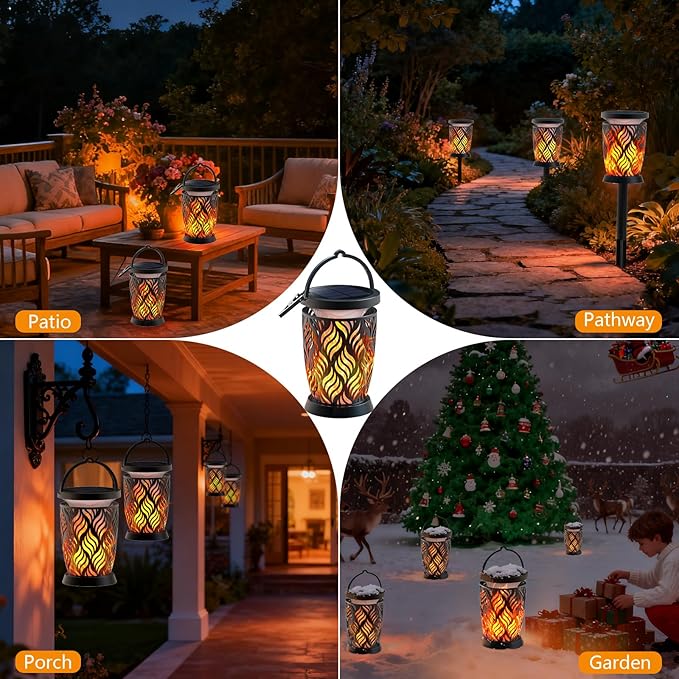 Solar Lanterns Outdoor Waterproof ,2 Pack Flickering Solar Flame Lights Upgraded Hanging Flame Lantern Pathway Torch Light Table Lamp, Auto On/ Off Porch Yard Gifts (1 Lighting Mode)