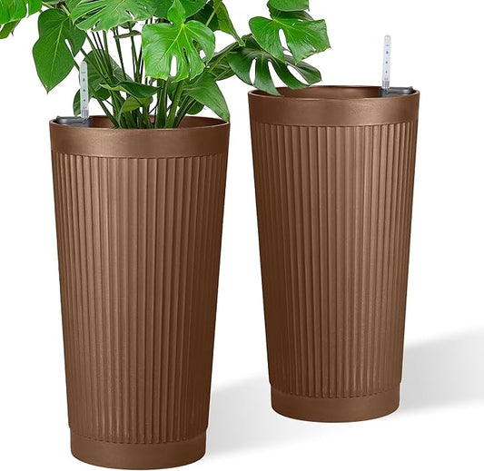 Set of 2 Tall Self-Watering Planters, 24" Large Planters with Water Level Indicator for Indoor & Outdoor Plants, Modern Planters for Garden, Patio, Balcony, Porch, Terracotta