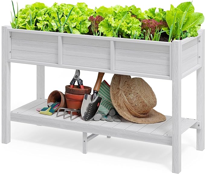 DWVO 48x18x30in Raised Garden Bed, Poly Wood Planter Box Stand,Weather Resistant Planter Box with Legs & Storage Shelf, Elevated Garden Bed for Backyard, Patio, Balcony,White
