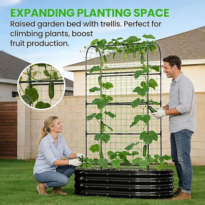 DoCred 2 in 1 Galvanized Raised Garden Bed, 1Pcs Garden Planter Box with 71" H Trellis for Climbing Plants, Outdoor Gardening Raised Beds with Climbing Net for Fruits, Vegetables, Flower (Black)