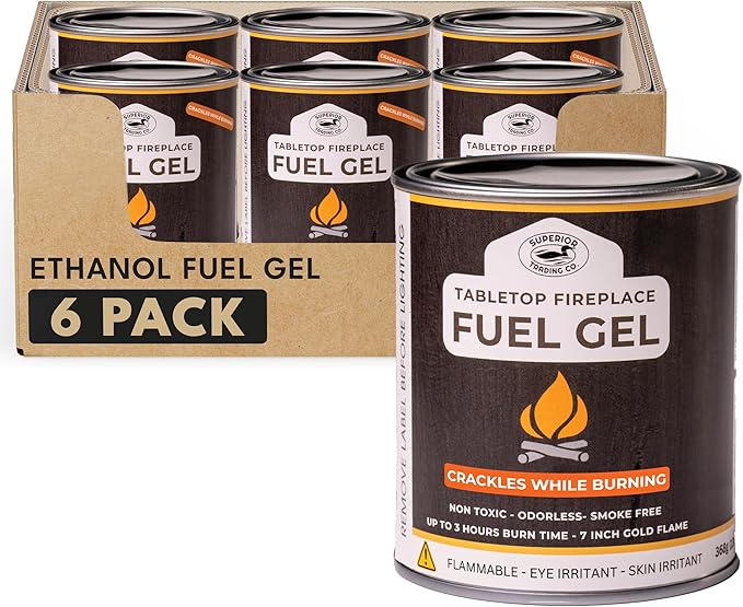 Superior Trading Co. Real Flame Gel Fuel Cans for Fireplace, Clean-Burning Ethanol Fuel Gel, Smoke-Free, 3-Hour Burn, Indoor Safe, 368g, 6 Pack