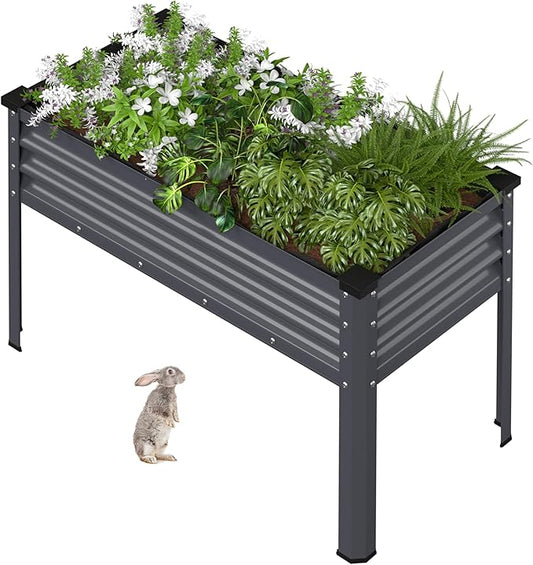BlueWish 48" W x 24" D x 32" H Raised Garden Bed, Galvanized Garden Bed with Detachable Black Liner, Drainage Gaps, Raised Garden Beds Outdoor 507 lbs Capacity, Gardening, Vegetable, Flower, Grey