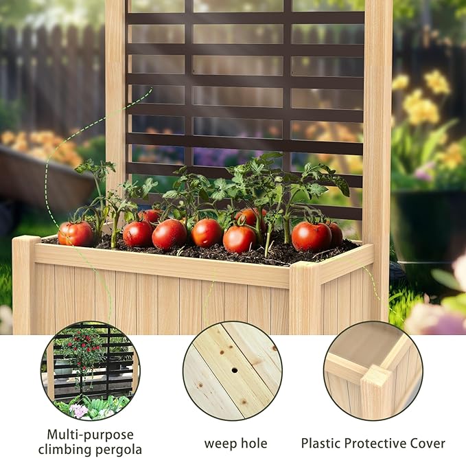 Raised Garden Bed Outdoor, Cedar Wooden Planter Boxes with Trellis, 17.7”L x 16.1”W x 27.6”H Raised Planter Box with Legs for Backyard, Patio, Balcony with Bed Liner (Natural)