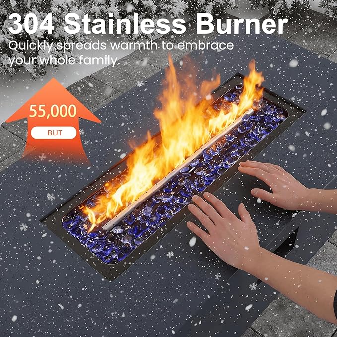 42" Propane Fire Pit Table Set with Tank Holder, Rectangle 2-Piece Outdoor Firepit Wind Guard, Lid, Glass Stones and Cover