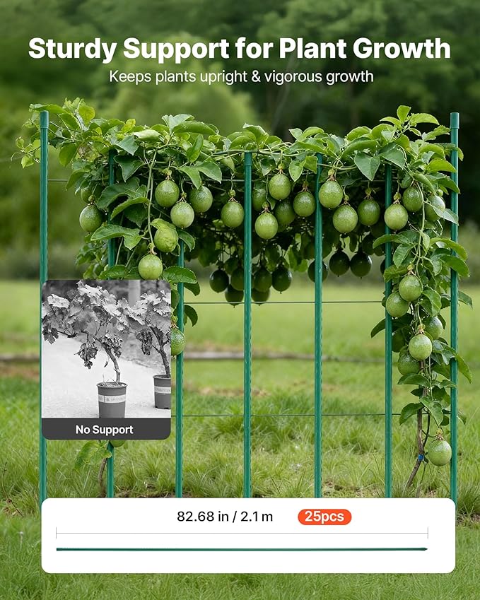 VEVOR Garden Stakes, 25 Pack, 82.68 inch, Plastic Coated Metal Tomato Stakes, Garden Sticks for Plants Support, with Pointed End and Non-Slip Bumps for Growing Climbing Plants, Outdoor Vegetables