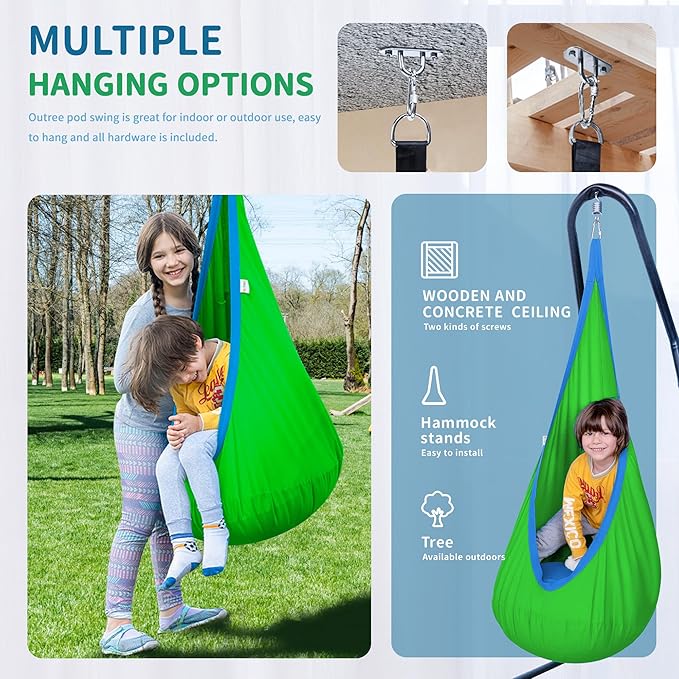 OUTREE Kids Pod Swing Seat, Cotton Child Hammock Swing Chair, Sensory Swing for Indoor and Outdoor Use, Green and Blue