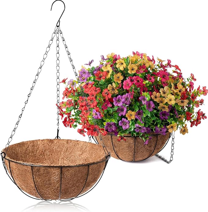 Orgrimmar 2 Pack 12" Metal Hanging Planter Basket with Coco Coir Liner, Small Round Wire Plant Holder with Chain for Hanging Plant and Flower