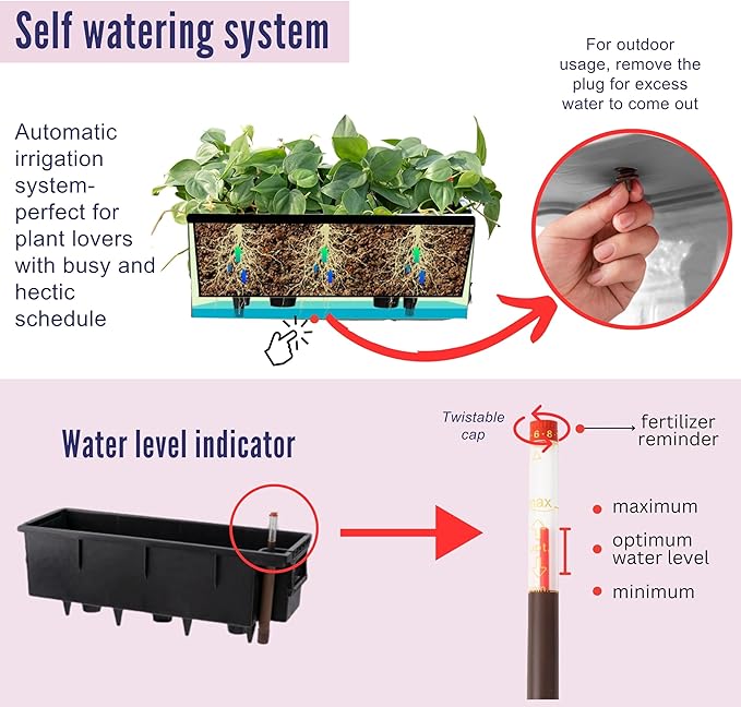LaLaGreen Rail Planter Boxes for Outdoor (2 Pack, 40") Hanging Flower Pots with Bracket, Black Rectangular Self Watering System Deck Railing Herb Planters Outdoor Plants Container Rail Balcony Fence