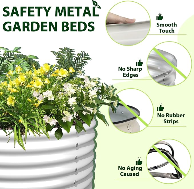 A ANLEOLIFE 6-Packs 4ft x 18” Tall Round Galvanized Raised Garden Beds Outdoor for Planting Vegetables Flowers Herb, Antique White