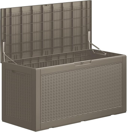 100 Gallon Patio Storage Bench - Waterproof Outdoor Deck Box & Storage Cabinet, Lockable Resin Chest for Pool/Garden Accessories, UV-Resistant, Weathered Grey