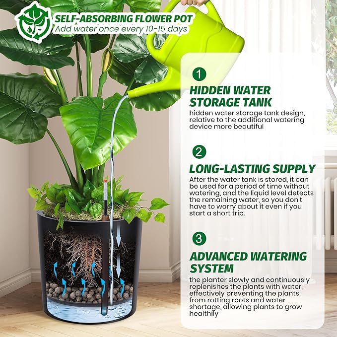 Set of 2 Tall Planters for Outdoor Plants, 20" Large Planter Pots with Drainage Holes & Water Level Monitor, Self-Watering Flower Pots for Patio, Porch, Garden, Front Door Decor, Indoor Outdoor