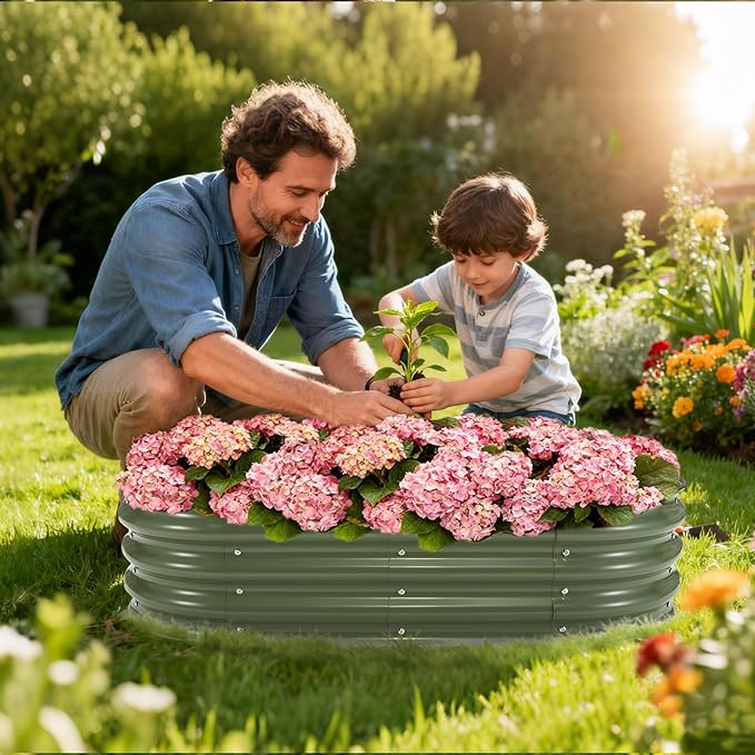 PeakPursuit 4X2x1Ft Galvanized Raised Garden Bed Kit, Metal Planter Box, Oval Raised Beds with Open-Ended Base for Vegetables, Flowers, Herbs & Fruits