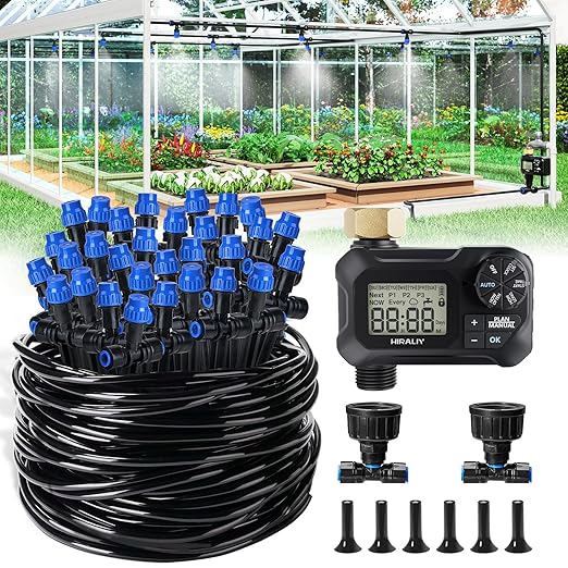 HIRALIY 118FT Greenhouse Misting Drip Irrigation Kit with Garden Timer, Quick Connector Design Automatic Irrigation System, Hanging Plant Watering System, with Tubing, Misting Nozzles, and Water Timer