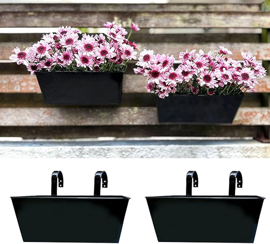 LaLaGreen Planter Box Outdoor (2 Pack, 12 Inch) Black Metal Rectangle Hanging Flower Pots, Balcony Deck Railing Fence Trendy Kitchen Strawberry Window Boxes Wall Planters for Fake Plant Holder Decor