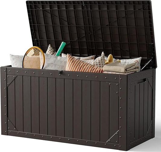 MAKE CHANGES Outdoor Storage Box, 100 Gallon Deck Box Outdoor Storage Bench Outside Waterproof Resin Storage Bench, Lockable Patio Cushions, Garden Tools Storage For Furniture, UV Resistant(Brown)