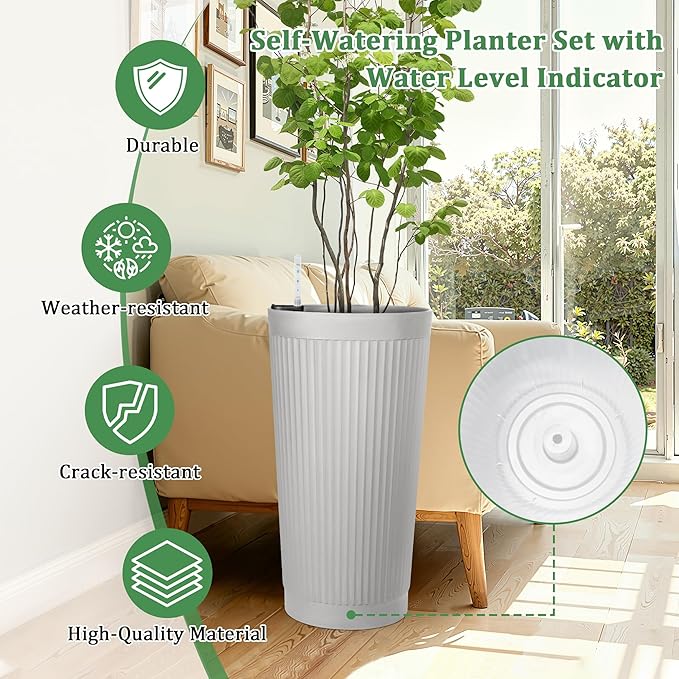 Set of 2 Tall Self-Watering Planters, 24" Large Planters with Water Level Indicator for Indoor & Outdoor Plants, Modern Planters for Garden, Patio, Balcony, Porch, White