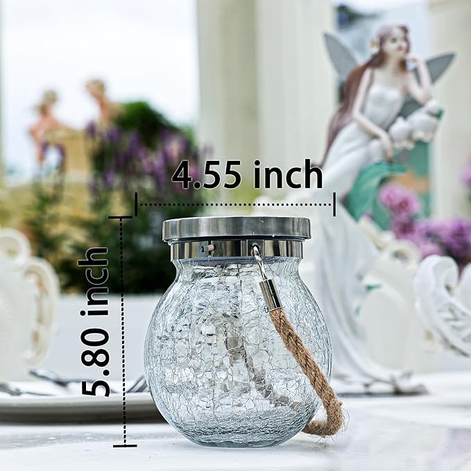 Cooo Christmas Gifts 2 Pack Solar Lanterns Waterproof Outdoor Heavy Crackle Glass 30 LED Warm Firefly Lights Stainless Steel Lid 215% Solar for Women Mom Grandma Outdoor Table Lamps Garden Yard Decor