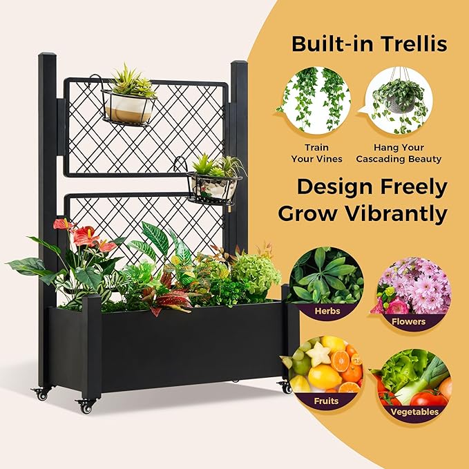 Metal Raised Garden Bed with Trellis, 50Hx38Wx14D Inch Compact Planter Box for Climbing Plants, Patio Balcony Garden, Privacy Screen with Wheels and Drainage Holes, Black