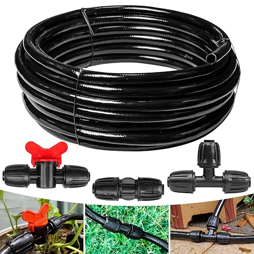 40 FT 1/2 inch Drip Irrigation Irrigation kit Main Line Supply Hose Tube for Garden Irrigation System (Includes 1/2"" Straight Connector, 3-Way Connector, Switch Valve), Black