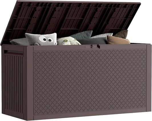 EHHLY 90 Gallon Outdoor Storage Box, Lockable Package Outside Storage Box Waterproof, Patio Cushions Deck Storage Boxes, Rattan Plastic Garden Hose Containers Resin Pool Storage Bins with lids, Brown