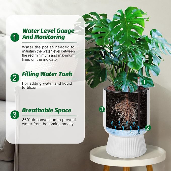 14.2" Tall Planters Set of 2, Large Indoor/Outdoor Self-Watering Plant Pots with Drainage, Water Level Monitor & Wheels, Flower Pots for Patio, Porch, Living Room, Home Office