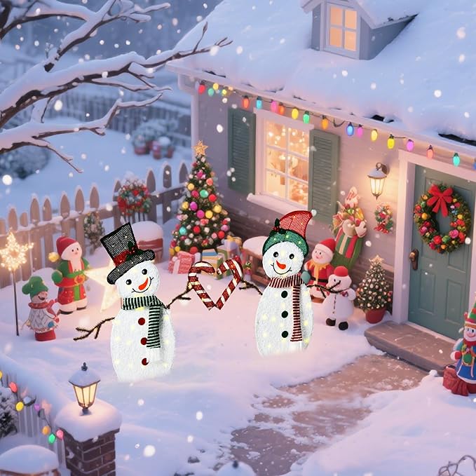 32" H Snowman Lighgts Outdoor Christmas Decorations, 2D Pre-lit Cute Holiday Lawn Lights Decors, 80 Warm White LEDs, Flat Xmas Yard Decor, Perfect for Garden, Driveway, 2-Piece Set