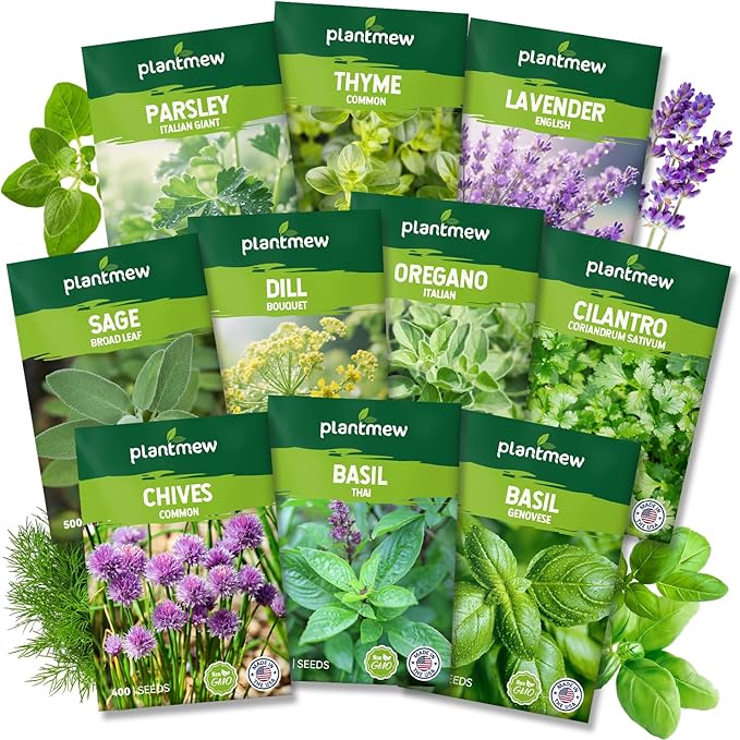 10 Herb Seeds Variety Pack - 7,000+ Heirloom Non-GMO Seeds - Basil, Cilantro, Lavender, Parsley, Dill, Thyme, Chives, Oregano, Sage, Herb Garden Kit for Planting Home Garden, Gardening Gift