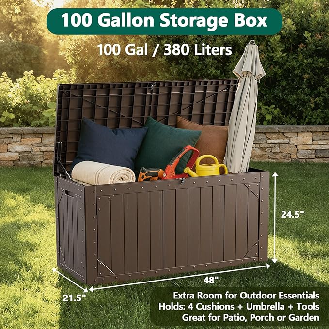 MAKE CHANGES Outdoor Storage Box, 100 Gallon Deck Box Outdoor Storage Bench Outside Waterproof Resin Storage Bench, Lockable Patio Cushions, Garden Tools Storage For Furniture, UV Resistant(Brown)