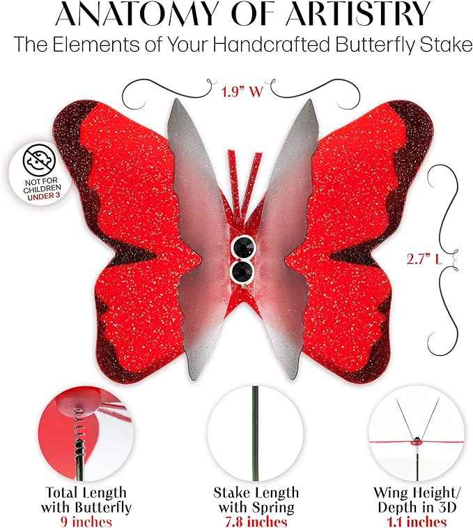 Handmade Red Butterfly Garden Stakes - Set of 7 Premium 3D Hand-Painted Butterflies with Fluttering Spring Movement, Weatherproof Metal Rod, Outdoor Indoor Decor, Ideal Gift