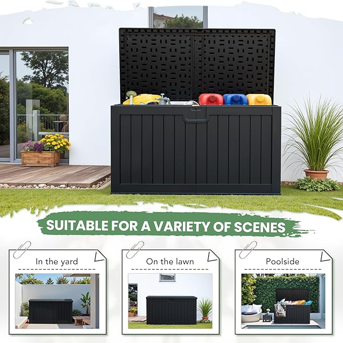 Greesum 230 Gallon HDPE Outdoor Storage Box with Removable Dividers, Weatherproof Oversized Deck Box for Patio, Garage, Garden, Black