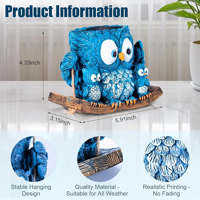 Swing Owl Hanging Planter for Indoor Outdoor Plants Decor Resin Hanging Owl Planter Pot with Rope, Cute Mother and Baby Design, Small Hanging Plant Holder for Garden, Patio, Balcony
