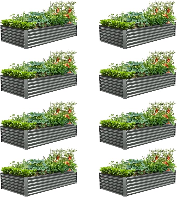 A ANLEOLIFE 8 Pcs 8X4X1.5 ft Rectangular Galvanized Raised Garden Beds Outdoor for Planting Vegetables Flowers Herb, Quartz Grey