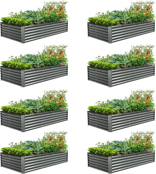 A ANLEOLIFE 8 Pcs 8X4X1.5 ft Rectangular Galvanized Raised Garden Beds Outdoor for Planting Vegetables Flowers Herb, Quartz Grey