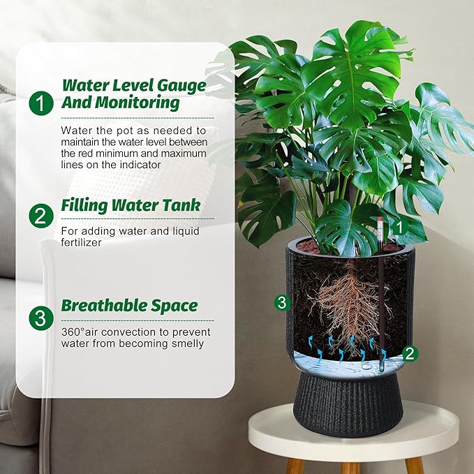 14.2" Tall Planters Set of 2, Large Indoor/Outdoor Self-Watering Plant Pots with Drainage, Water Level Monitor & Wheels, Flower Pots for Patio, Porch, Living Room, Home Office
