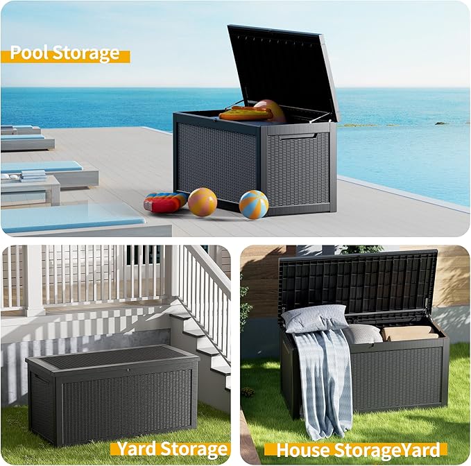 Mersco 320 Gallon Double-Wall Resin Deck Box - Lockable Waterproof Outdoor Storage Box, 1000lbs Capacity & Doubles as Seating for Patio Furnitures, Garden Tools, Pool Accessories (Black)