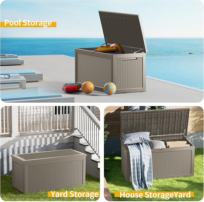 Mersco 320 Gallon Double-Wall Resin Deck Box - Lockable Waterproof Outdoor Storage Box, 1000lbs Capacity & Doubles as Seating for Patio Furniture - Garden Tools, Pool Accessories (Grey)