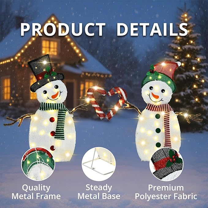 32" H Snowman Lighgts Outdoor Christmas Decorations, 2D Pre-lit Cute Holiday Lawn Lights Decors, 80 Warm White LEDs, Flat Xmas Yard Decor, Perfect for Garden, Driveway, 2-Piece Set